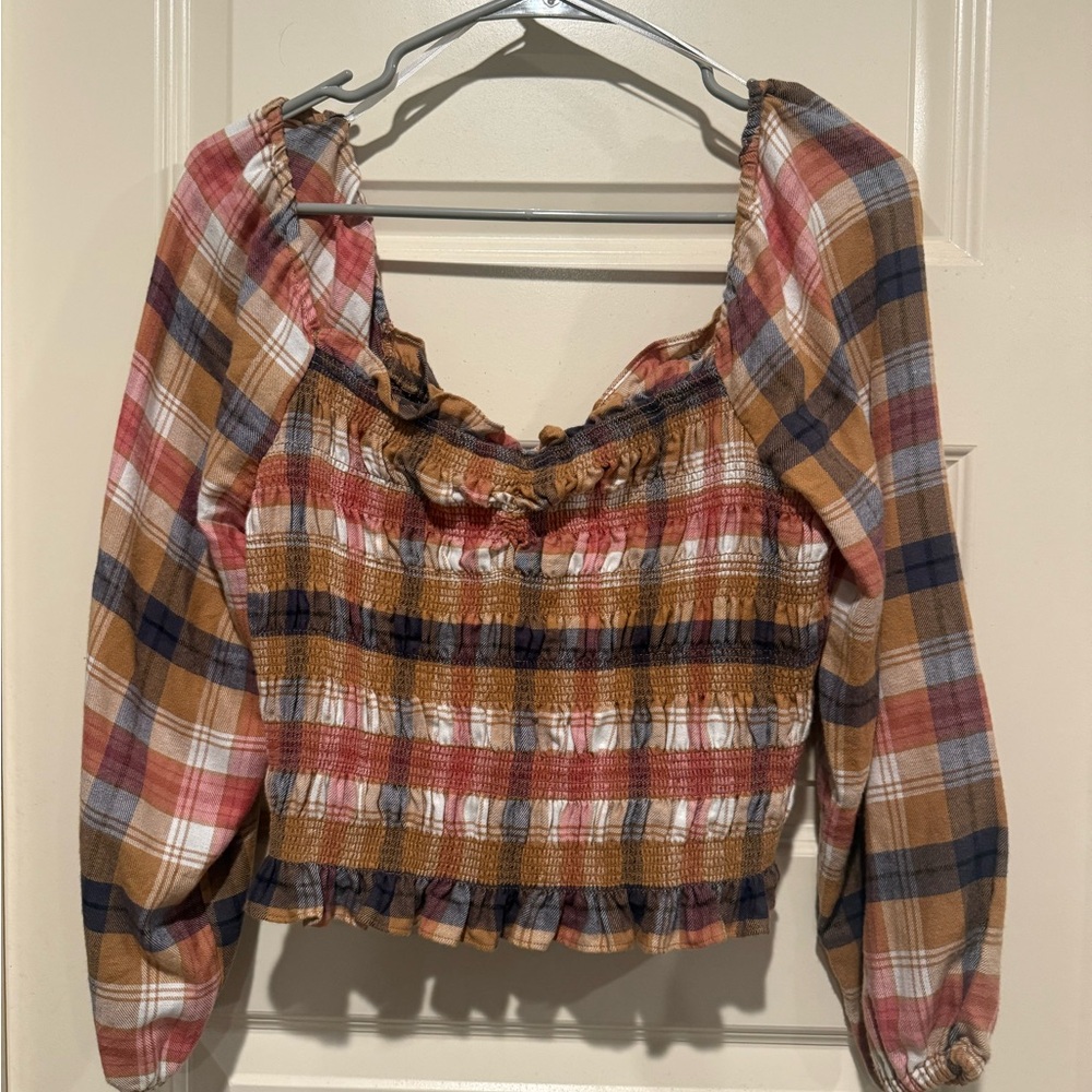 Love Tree Plaid Top in Brown and Orange
